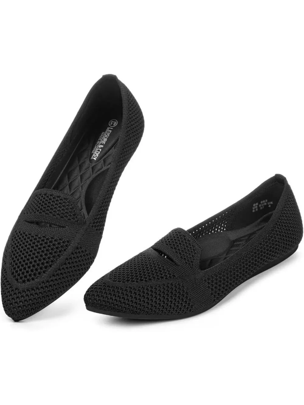 Womens Black Pointed Toe Penny Dressy Ballet Knit Mesh Slip On Flat Loafer Shoes